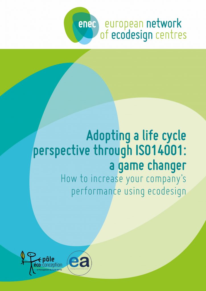 Cover sheet of the publication: Adopting a life cycle perspective through ISO14001: a game changer. Organic blue and green shapes decorate the cover sheet