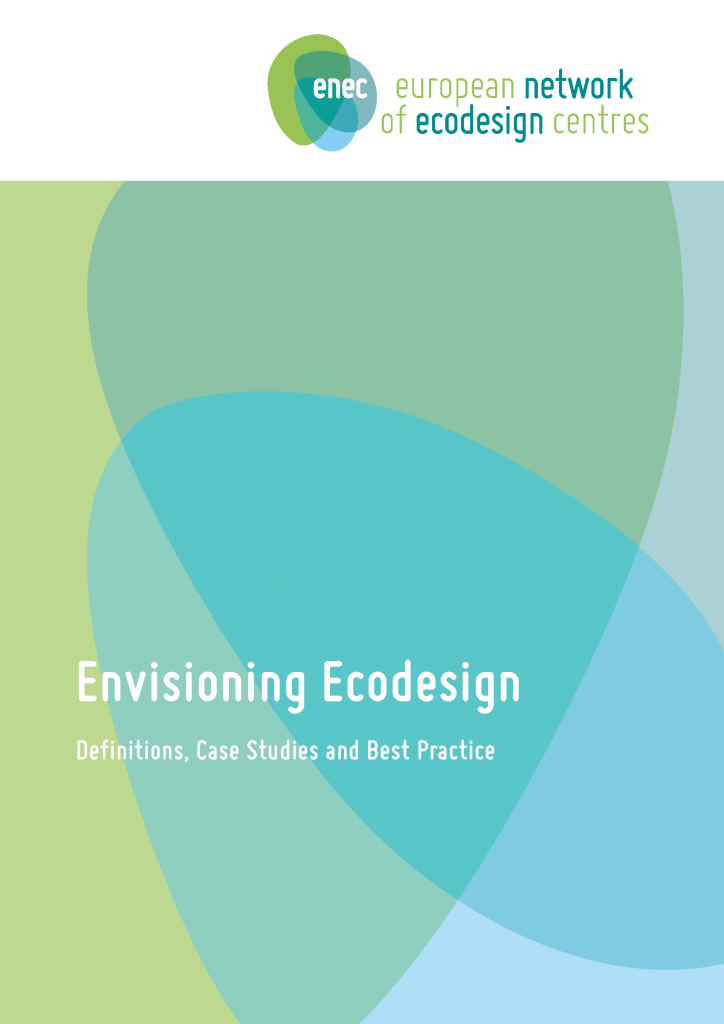 Cover sheet of the publication: Envisioning Ecodesign. Organic blue and green shapes decorate the cover sheet.