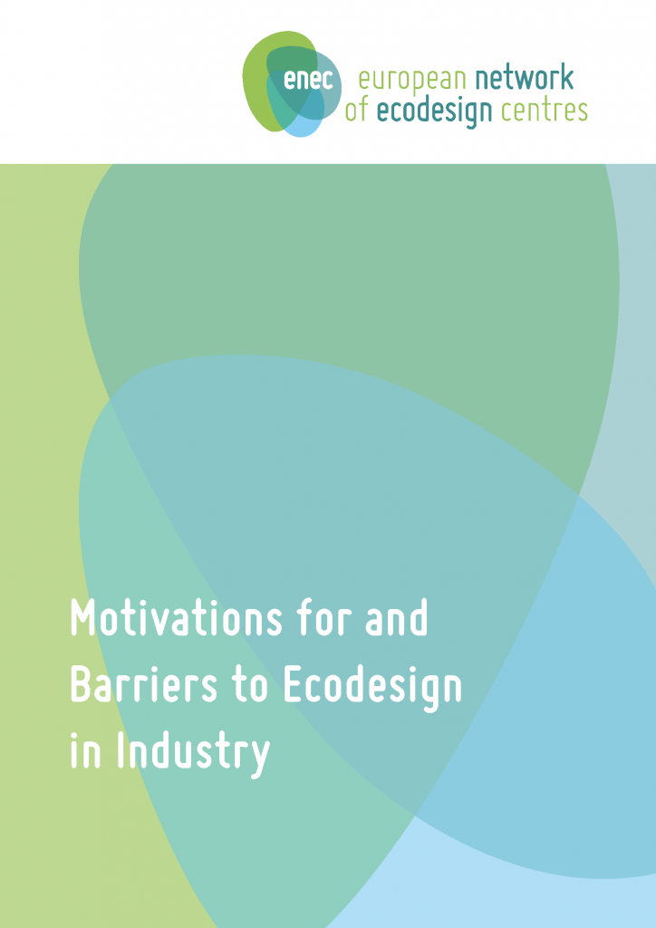Cover sheet of the publication: Motivation for and Barriers to Ecodesign in Industry. Organic blue and green shapes decorate the cover sheet.